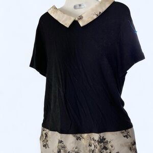 Black and white floral collared blouse and trim with buttons M Elle
